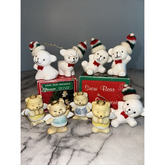 9 Boxed Vintage Porcelain 5 Snow Bear Set 4 Angel Bear Set Ornaments Ceramic 3" - Picture 1 of 3